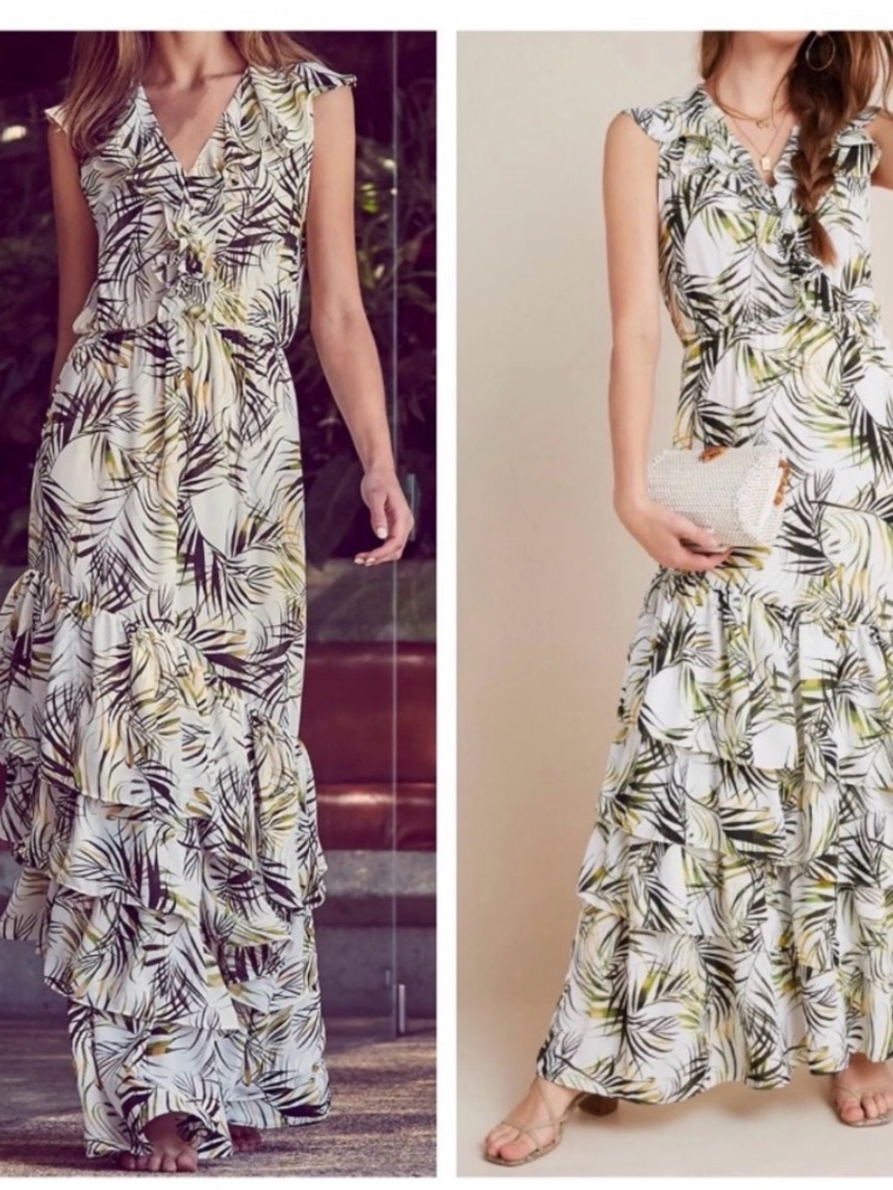 MISA Los Angeles Maxine Tropical Palm Ruffle Chiffon Maxi Dress XS b2